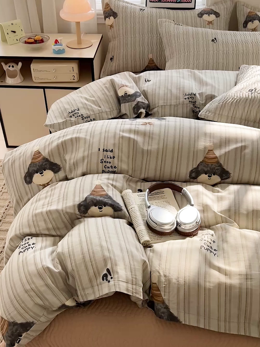 91家纺网 家纺一手货源 找家纺 梦精灵家纺 2026新款纯棉床盖四件套全棉绗缝夹棉防滑床单四季通用榻榻米单人学生宿舍 帽子柯基AB咖