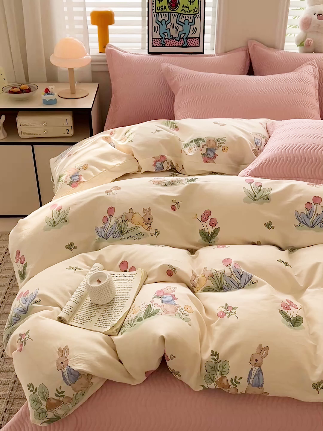 91家纺网 家纺一手货源 找家纺 梦精灵家纺 2026新款纯棉床盖四件套全棉绗缝夹棉防滑床单四季通用榻榻米单人学生宿舍 蘑菇屋ABC粉