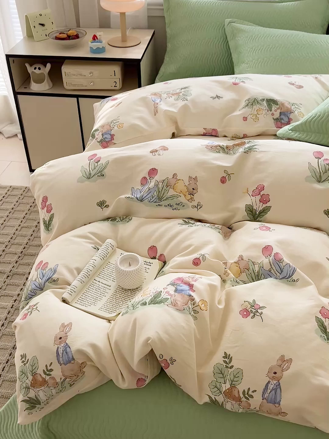 91家纺网 家纺一手货源 找家纺 梦精灵家纺 2026新款纯棉床盖四件套全棉绗缝夹棉防滑床单四季通用榻榻米单人学生宿舍 蘑菇屋ABC绿