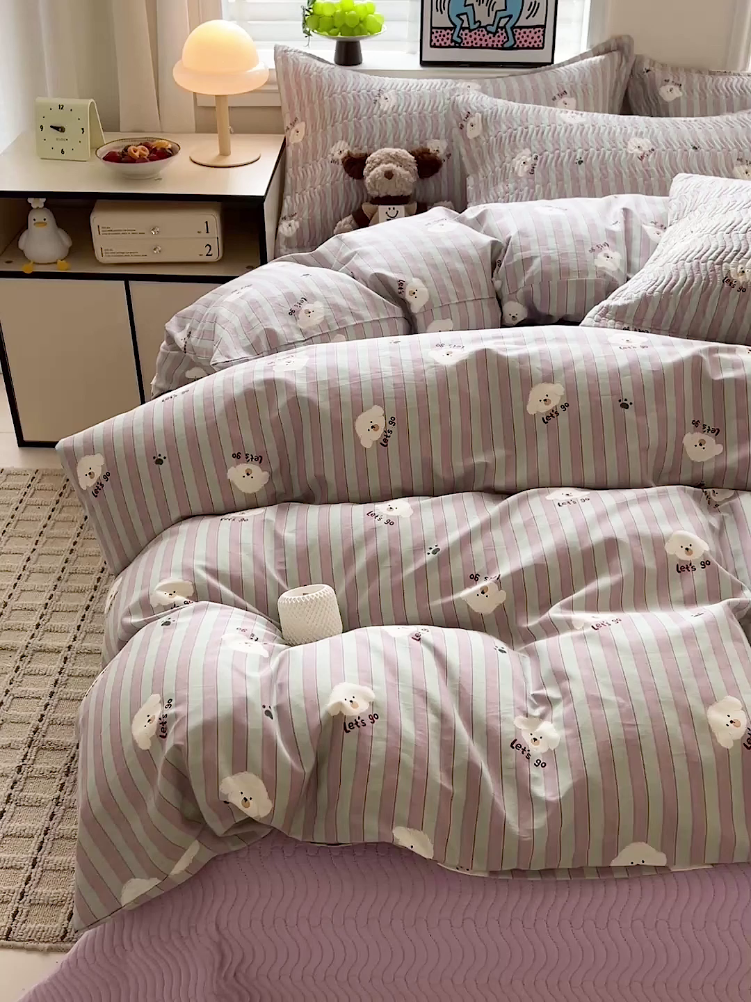 91家纺网 家纺一手货源 找家纺 梦精灵家纺 2026新款纯棉床盖四件套全棉绗缝夹棉防滑床单四季通用榻榻米单人学生宿舍 努力小狗AB紫