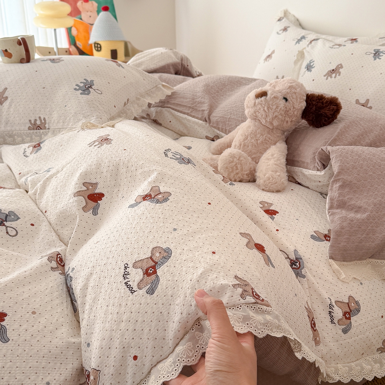 91家纺网 家纺一手货源 找家纺 （总）吾欢心 2026春夏新款韩版纯棉花边泡芙双层纱四件套