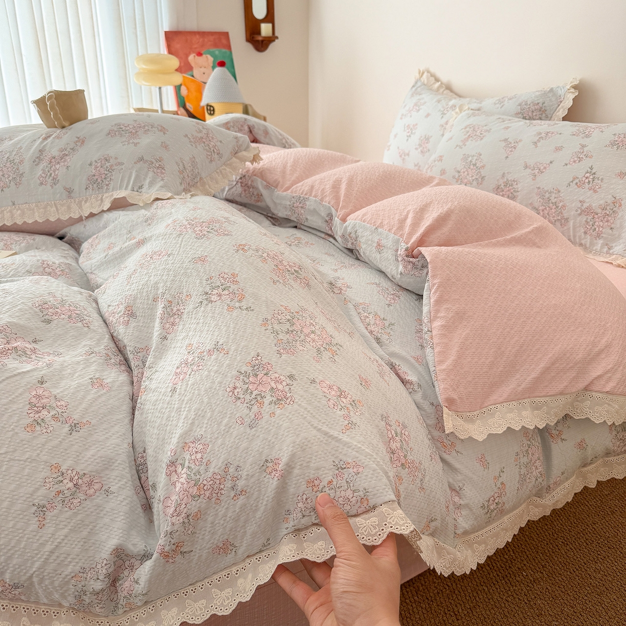 （总）吾欢心 2026春夏新款韩版纯棉花边泡芙双层纱四件套
