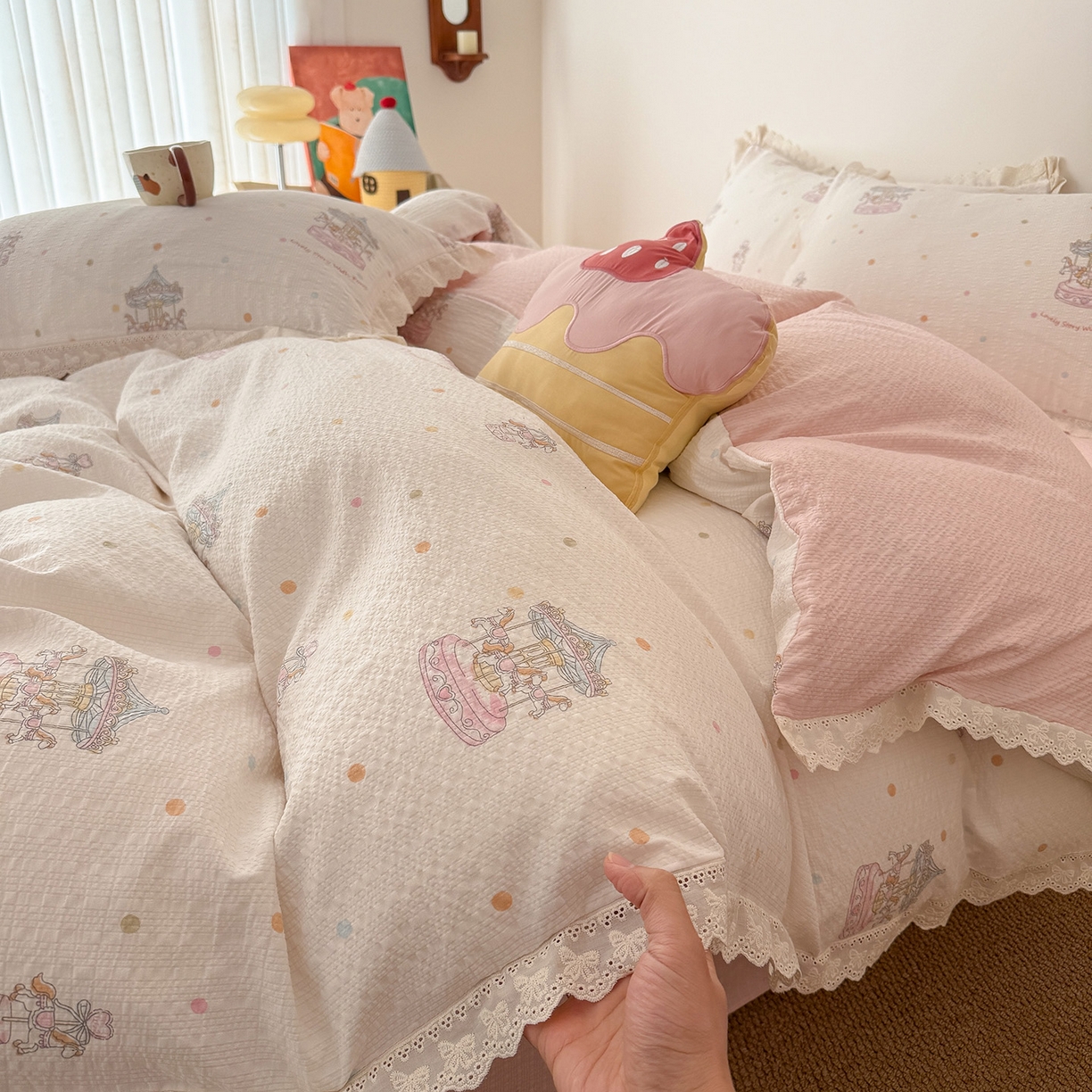 吾欢心 2026春夏新款韩版纯棉花边泡芙双层纱四件套 旋转木马