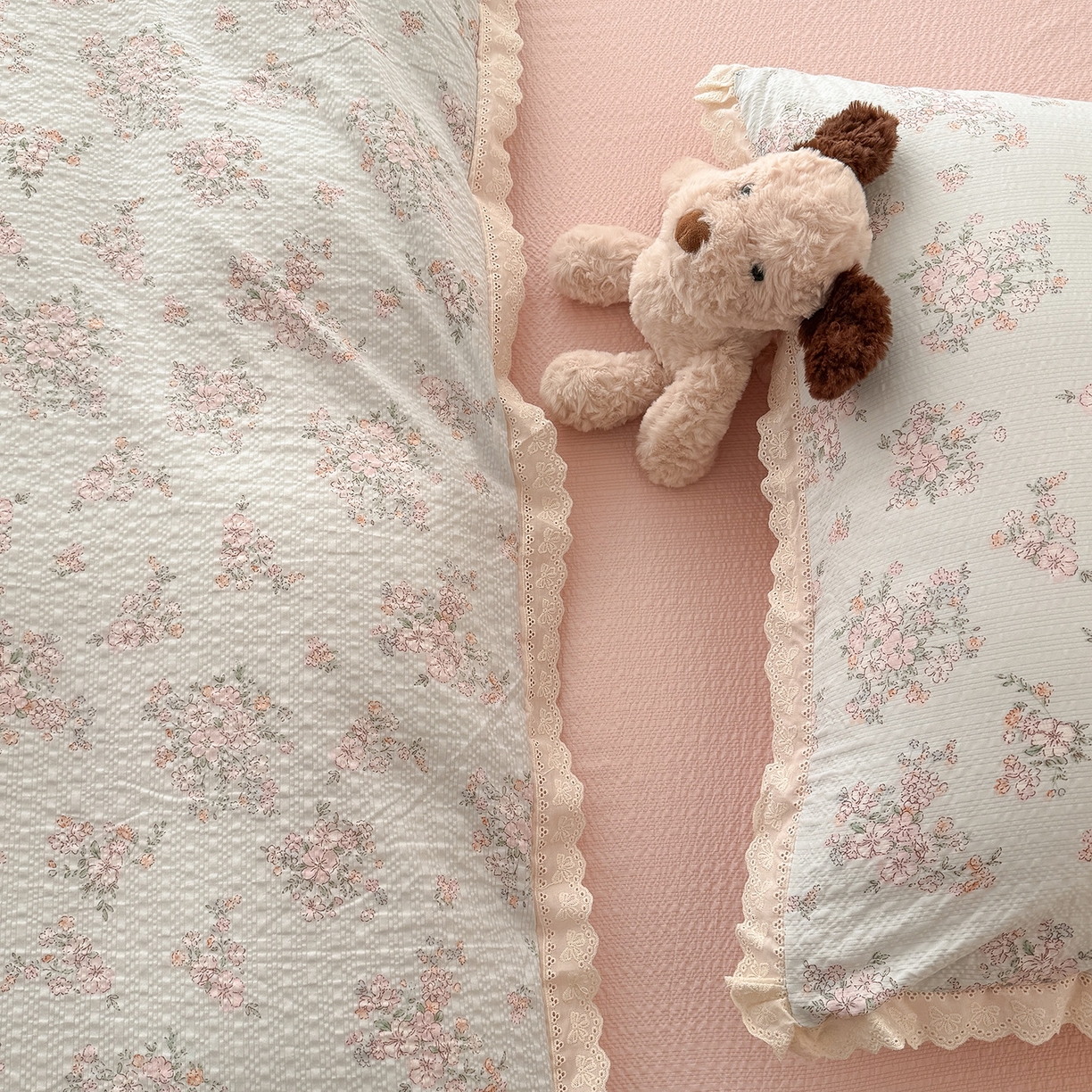 91家纺网 家纺一手货源 找家纺 （总）吾欢心 2026春夏新款韩版纯棉花边泡芙双层纱四件套