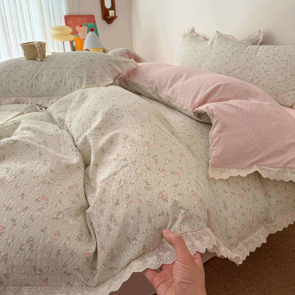 吾欢心 2026春夏新款韩版纯棉花边泡芙双层纱四件套 茱莉叶