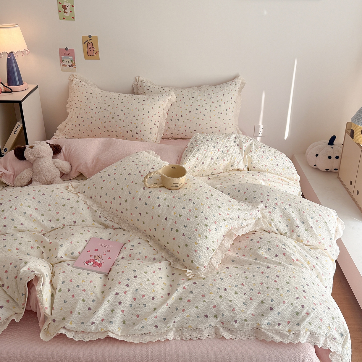 91家纺网 家纺一手货源 找家纺 吾欢心 2026春夏新款韩版纯棉花边泡芙双层纱四件套 彩色爱心
