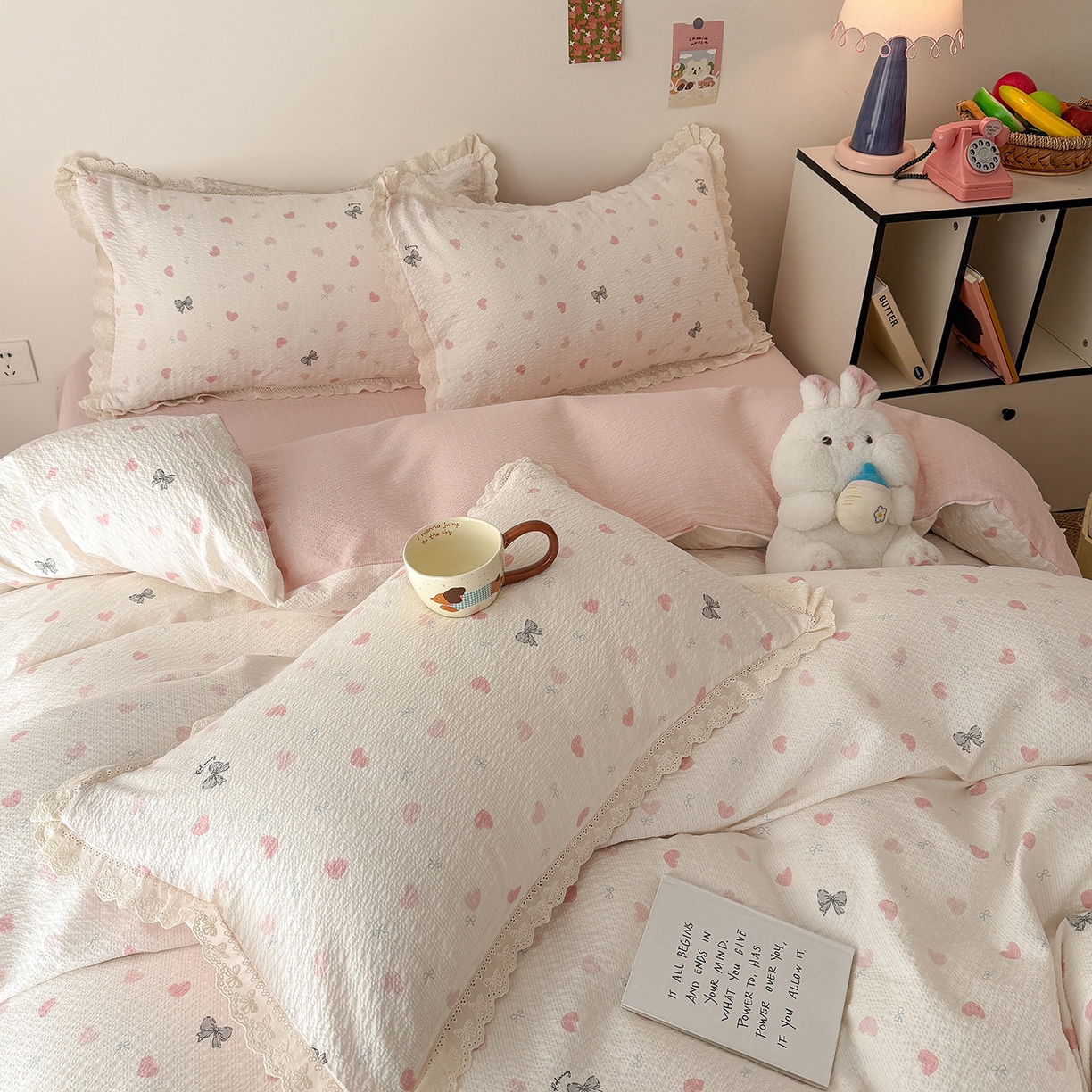 91家纺网 家纺一手货源 找家纺 吾欢心 2026春夏新款韩版纯棉花边泡芙双层纱四件套 粉粉甜心