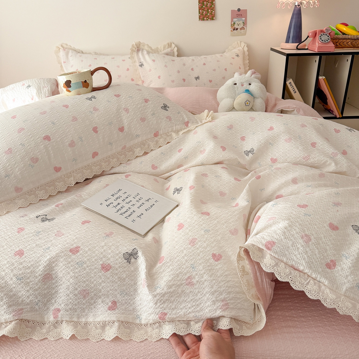 91家纺网 家纺一手货源 找家纺 吾欢心 2026春夏新款韩版纯棉花边泡芙双层纱四件套 粉粉甜心