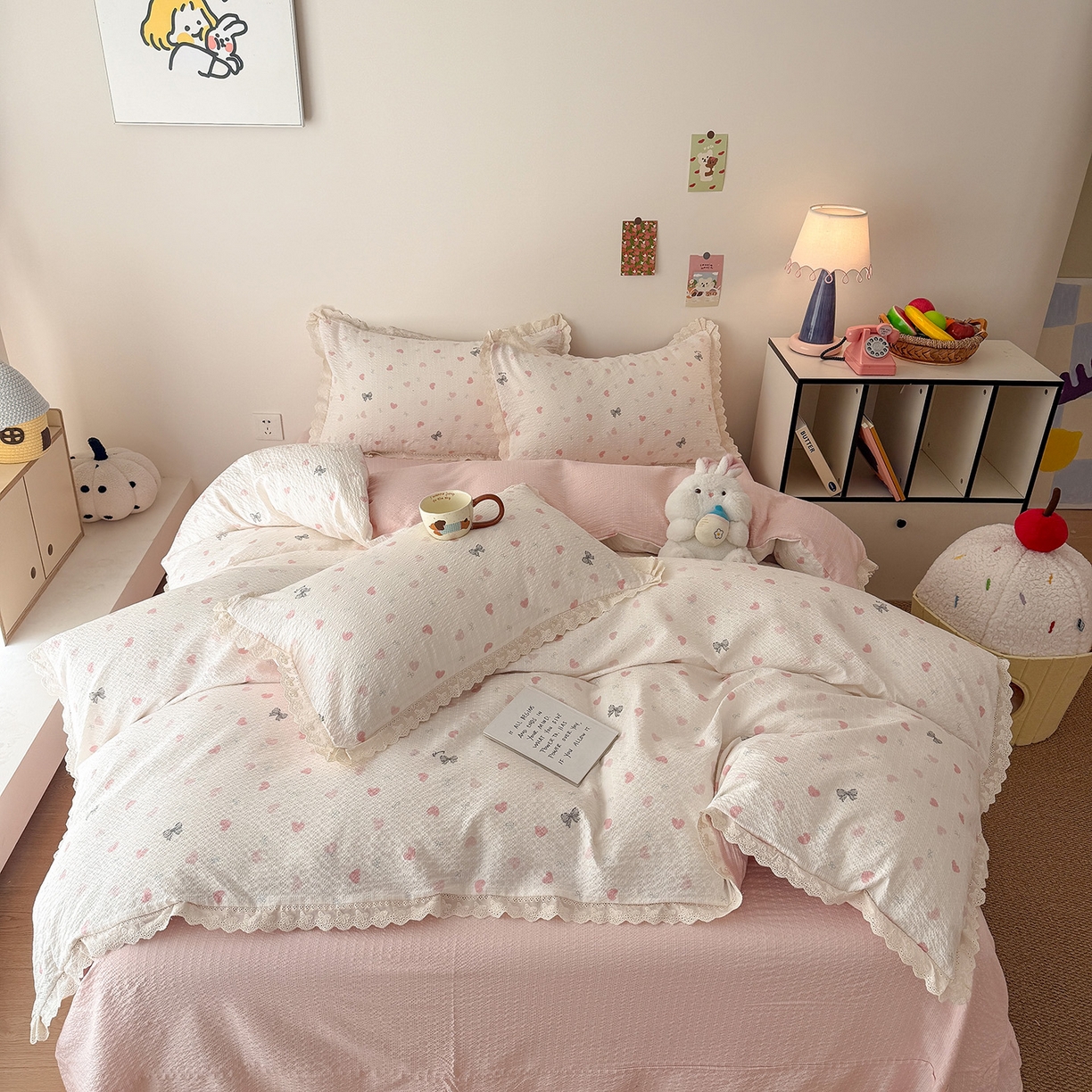 91家纺网 家纺一手货源 找家纺 吾欢心 2026春夏新款韩版纯棉花边泡芙双层纱四件套 粉粉甜心