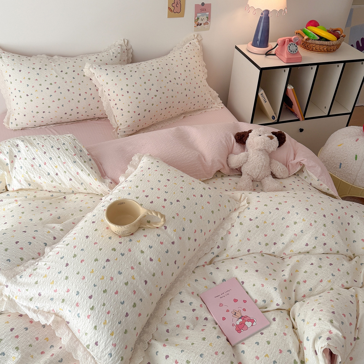 91家纺网 家纺一手货源 找家纺 吾欢心 2026春夏新款韩版纯棉花边泡芙双层纱四件套 彩色爱心