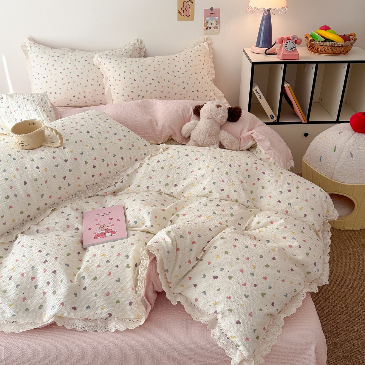 91家纺网 家纺一手货源 找家纺 吾欢心 2026春夏新款韩版纯棉花边泡芙双层纱四件套 彩色爱心