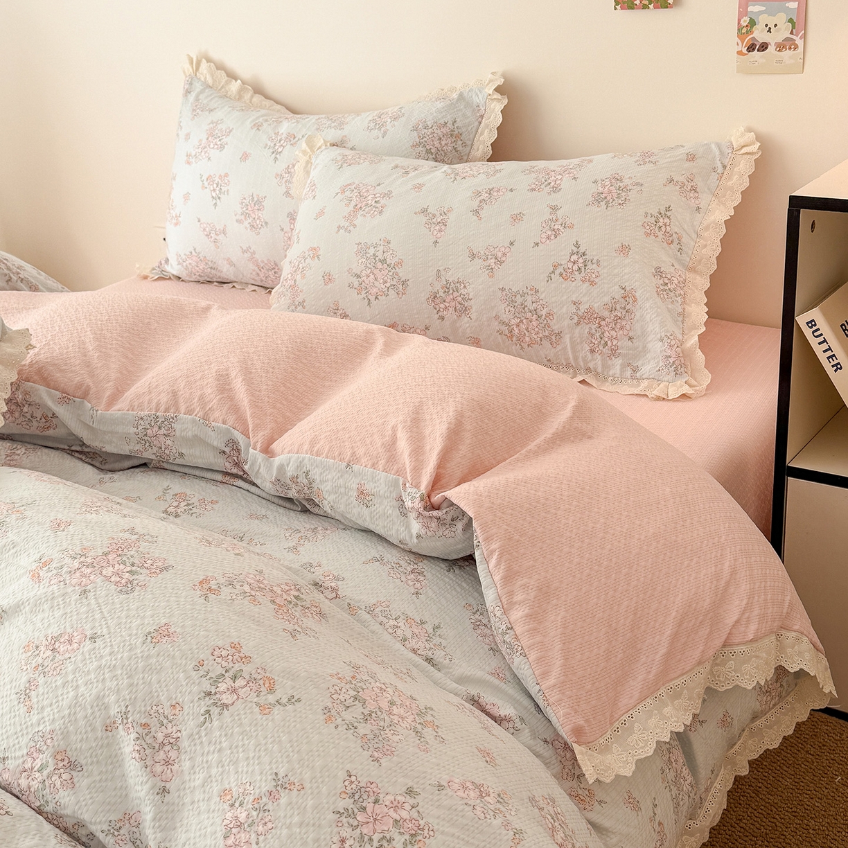 91家纺网 家纺一手货源 找家纺 吾欢心 2026春夏新款韩版纯棉花边泡芙双层纱四件套 岚韵花香