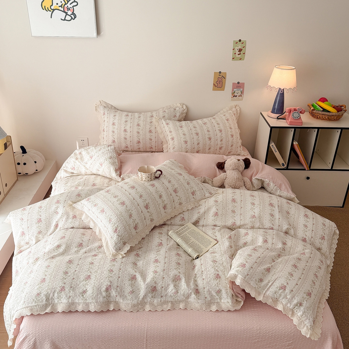 91家纺网 家纺一手货源 找家纺 吾欢心 2026春夏新款韩版纯棉花边泡芙双层纱四件套 芳华