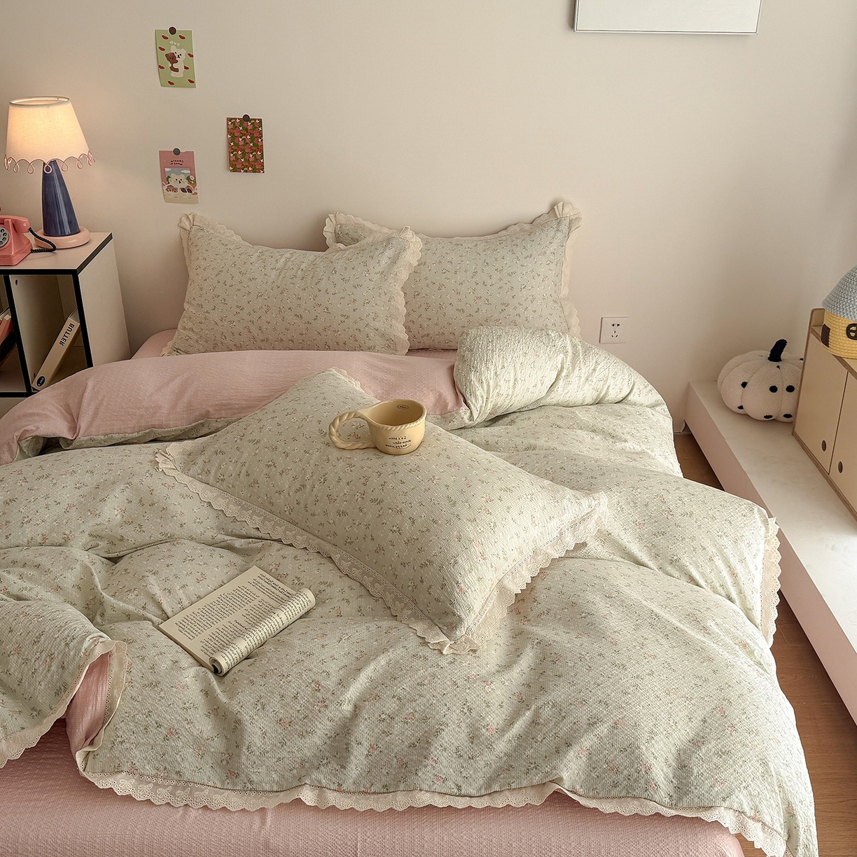 91家纺网 家纺一手货源 找家纺 吾欢心 2026春夏新款韩版纯棉花边泡芙双层纱四件套 茱莉叶