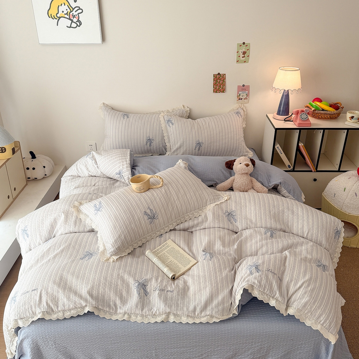 91家纺网 家纺一手货源 找家纺 吾欢心 2026春夏新款韩版纯棉花边泡芙双层纱四件套 甜美蝴蝶结