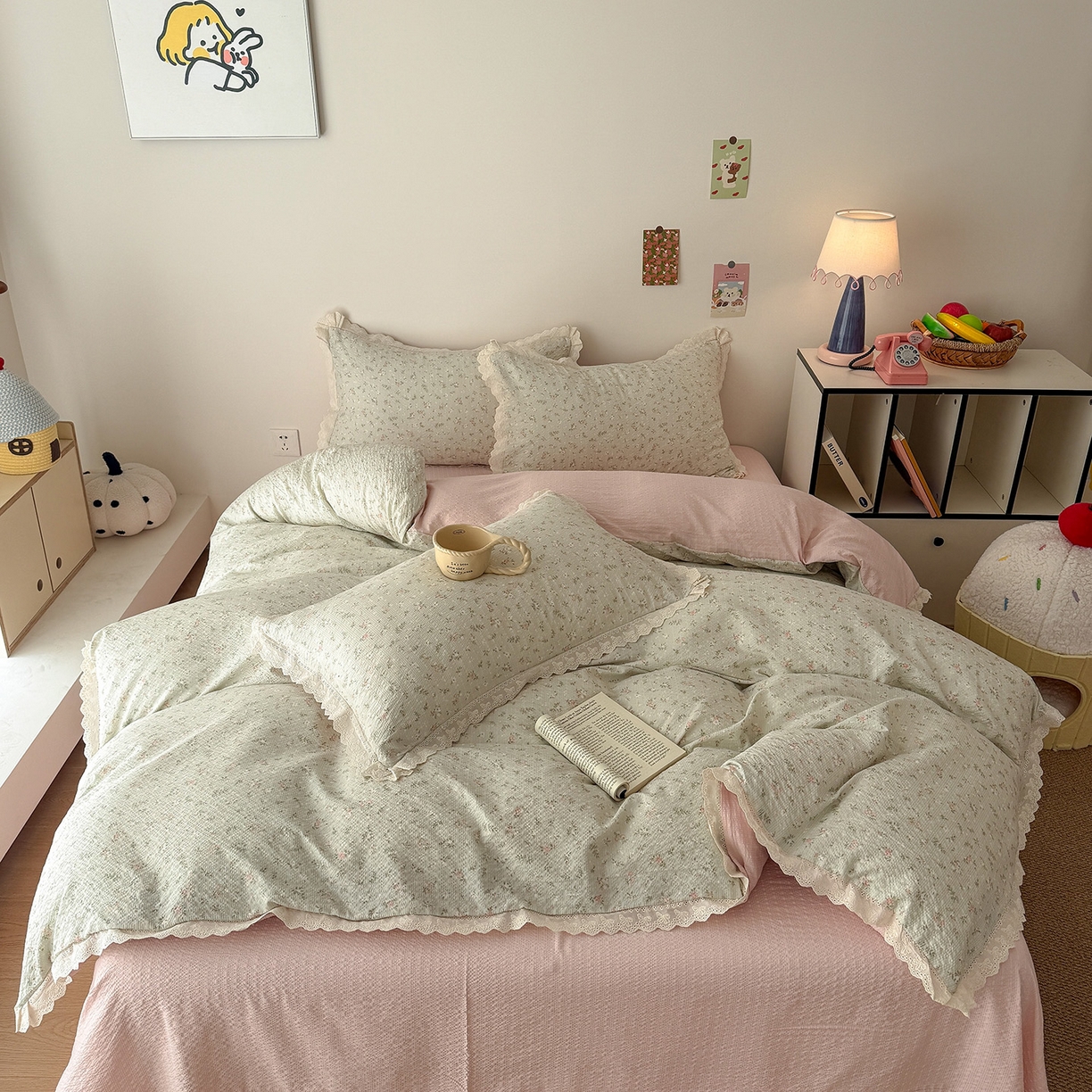 91家纺网 家纺一手货源 找家纺 吾欢心 2026春夏新款韩版纯棉花边泡芙双层纱四件套 茱莉叶