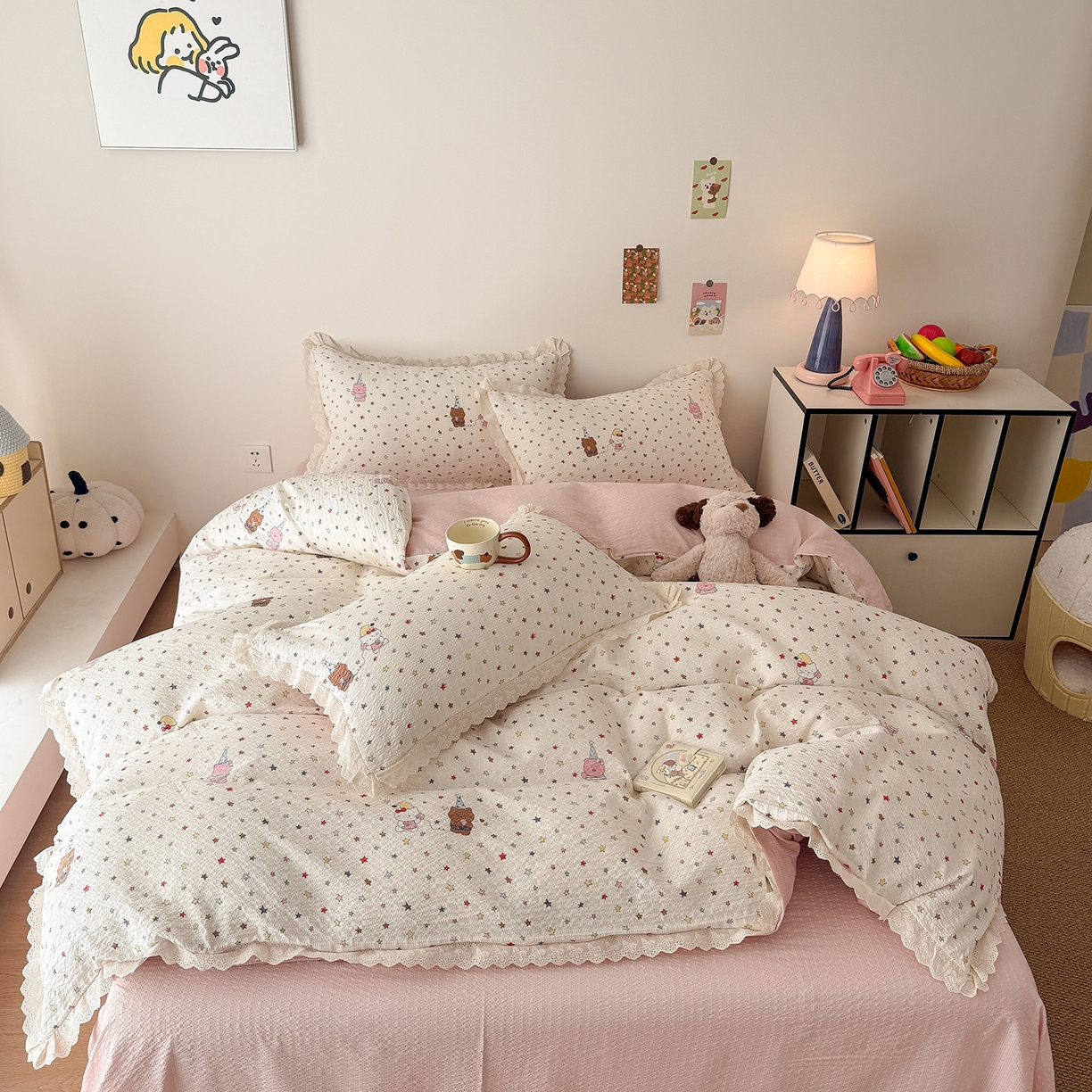 91家纺网 家纺一手货源 找家纺 吾欢心 2026春夏新款韩版纯棉花边泡芙双层纱四件套 喵星人