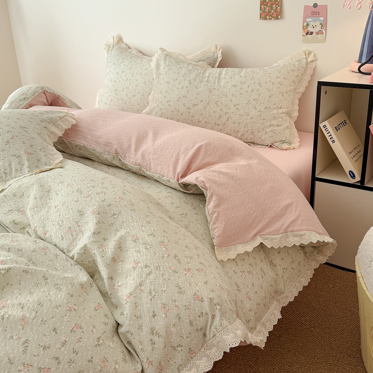 91家纺网 家纺一手货源 找家纺 吾欢心 2026春夏新款韩版纯棉花边泡芙双层纱四件套 茱莉叶