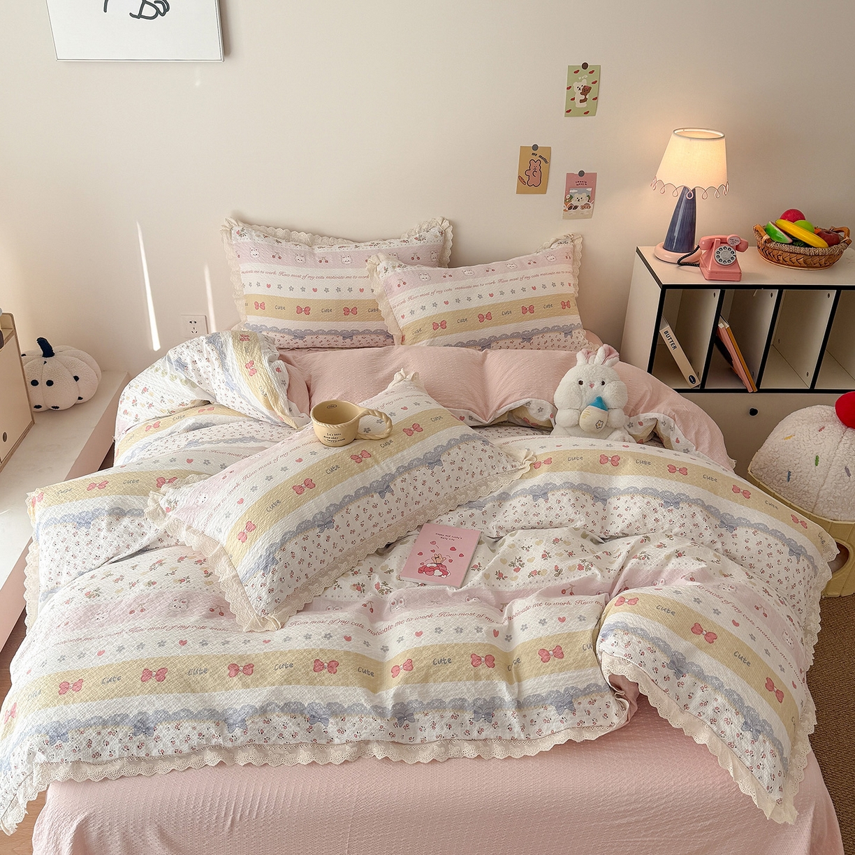 91家纺网 家纺一手货源 找家纺 吾欢心 2026春夏新款韩版纯棉花边泡芙双层纱四件套 费尔岛小兔