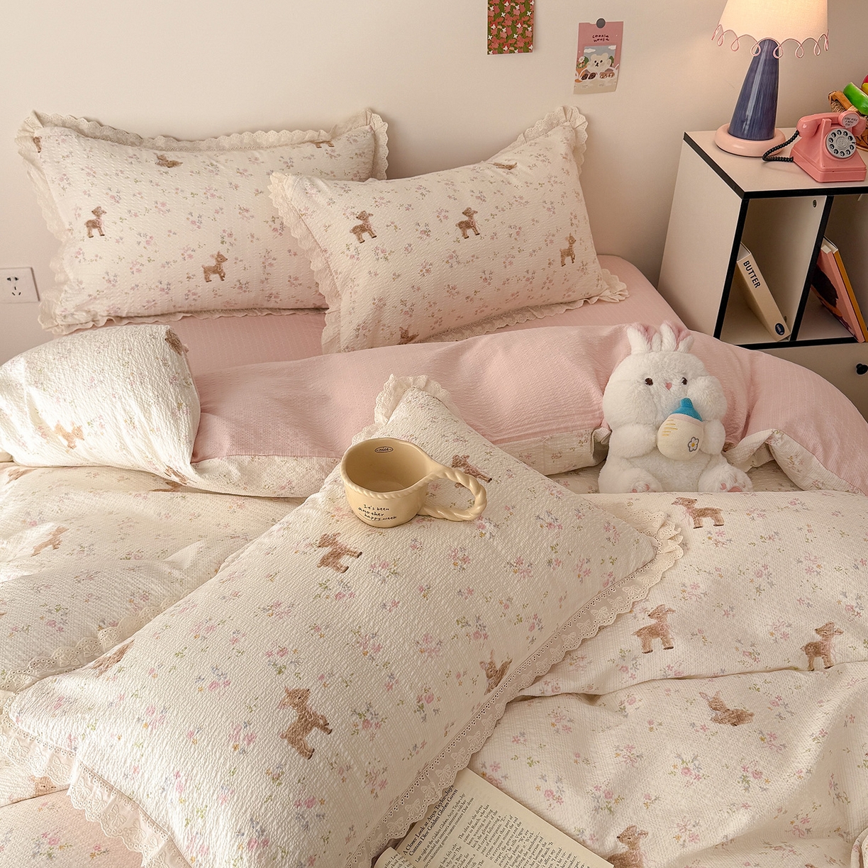 91家纺网 家纺一手货源 找家纺 吾欢心 2026春夏新款韩版纯棉花边泡芙双层纱四件套 遇见花开