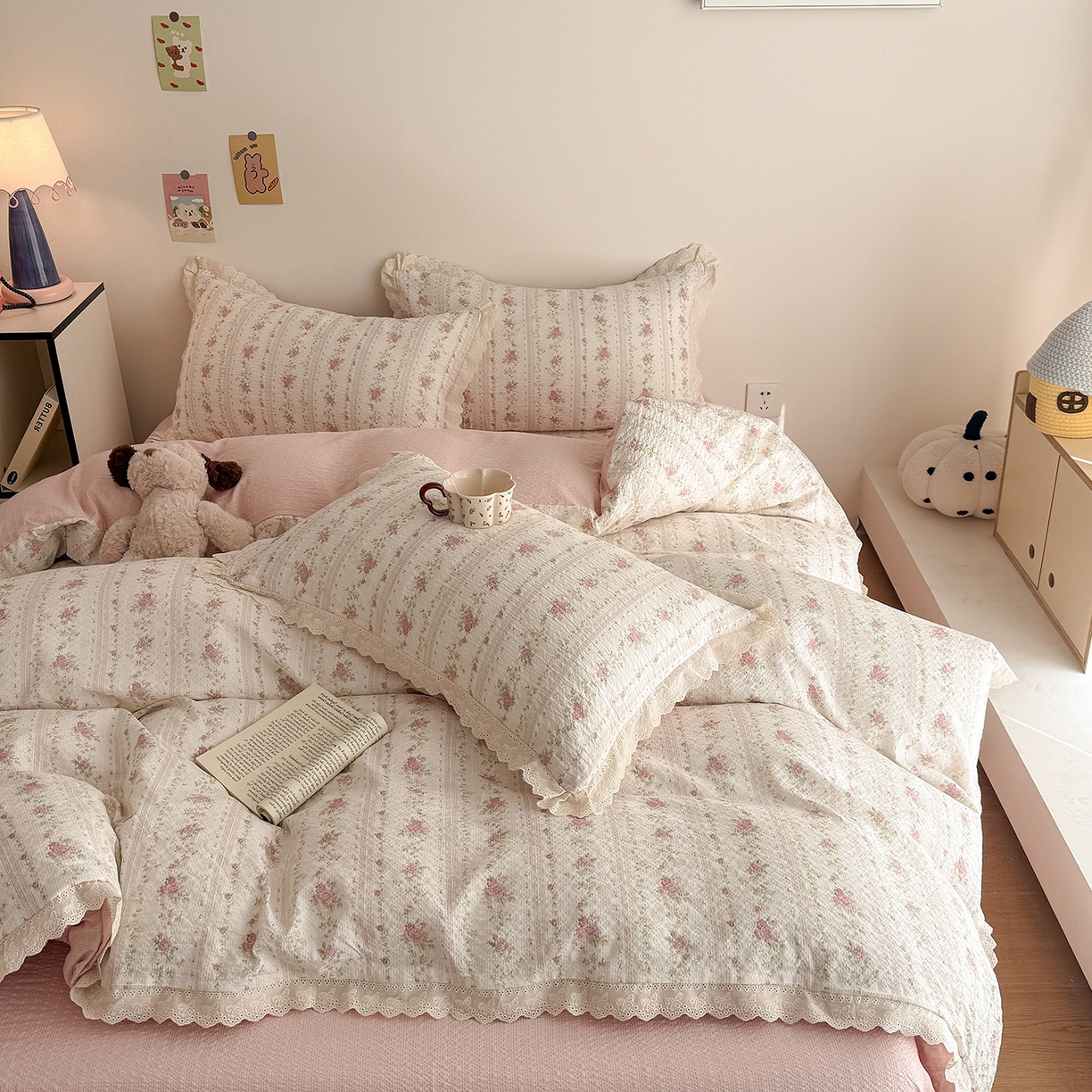 91家纺网 家纺一手货源 找家纺 吾欢心 2026春夏新款韩版纯棉花边泡芙双层纱四件套 芳华