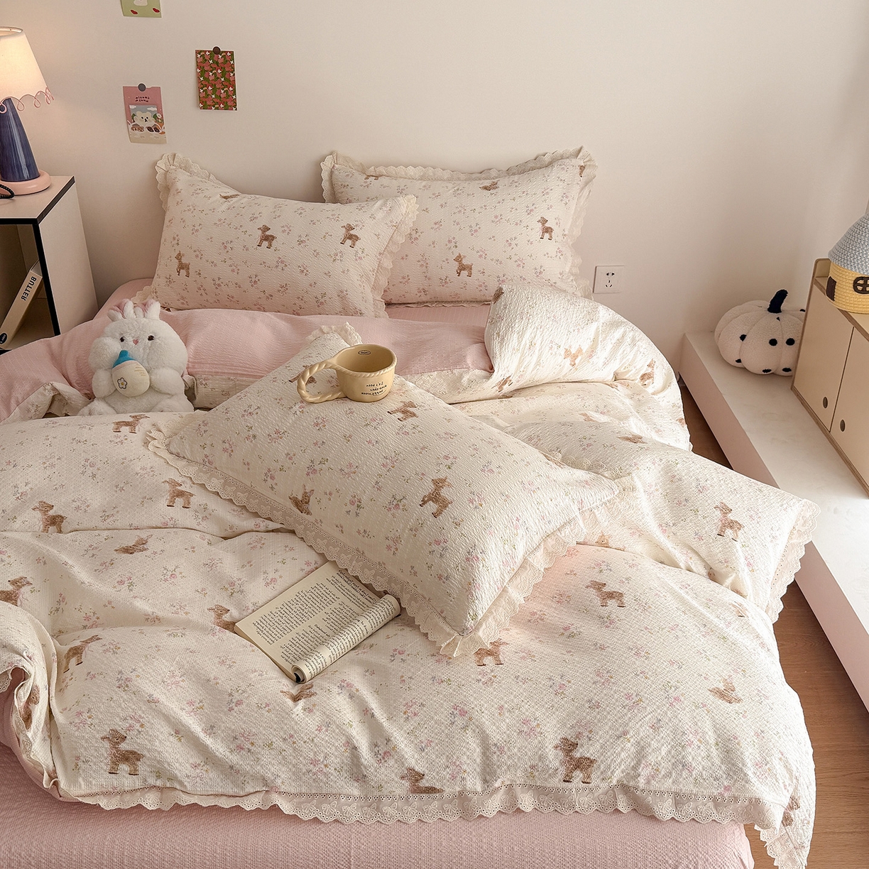 91家纺网 家纺一手货源 找家纺 吾欢心 2026春夏新款韩版纯棉花边泡芙双层纱四件套 遇见花开