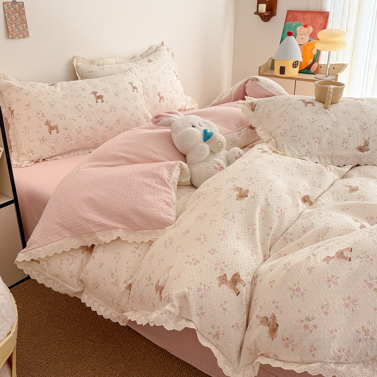 91家纺网 家纺一手货源 找家纺 吾欢心 2026春夏新款韩版纯棉花边泡芙双层纱四件套 遇见花开