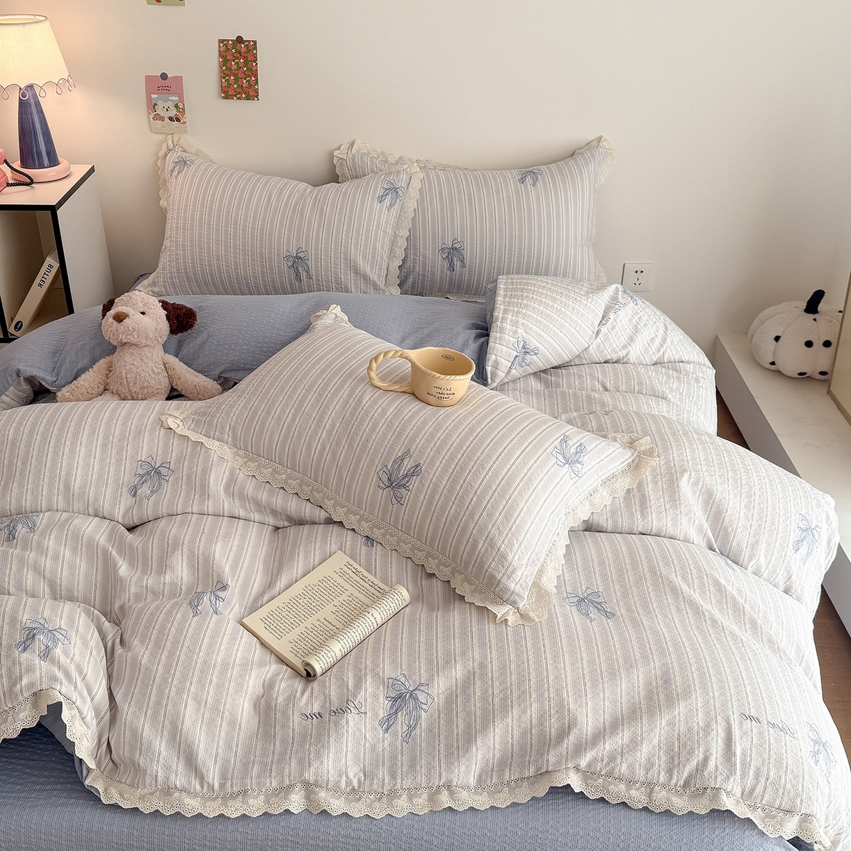 91家纺网 家纺一手货源 找家纺 吾欢心 2026春夏新款韩版纯棉花边泡芙双层纱四件套 甜美蝴蝶结