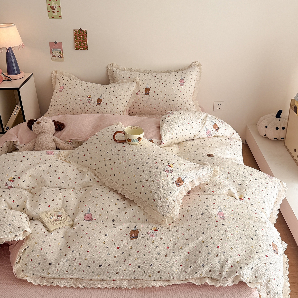 91家纺网 家纺一手货源 找家纺 吾欢心 2026春夏新款韩版纯棉花边泡芙双层纱四件套 喵星人