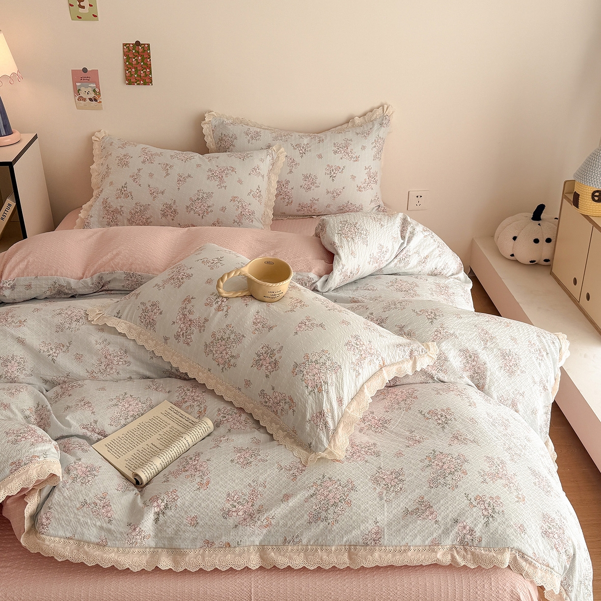 91家纺网 家纺一手货源 找家纺 吾欢心 2026春夏新款韩版纯棉花边泡芙双层纱四件套 岚韵花香