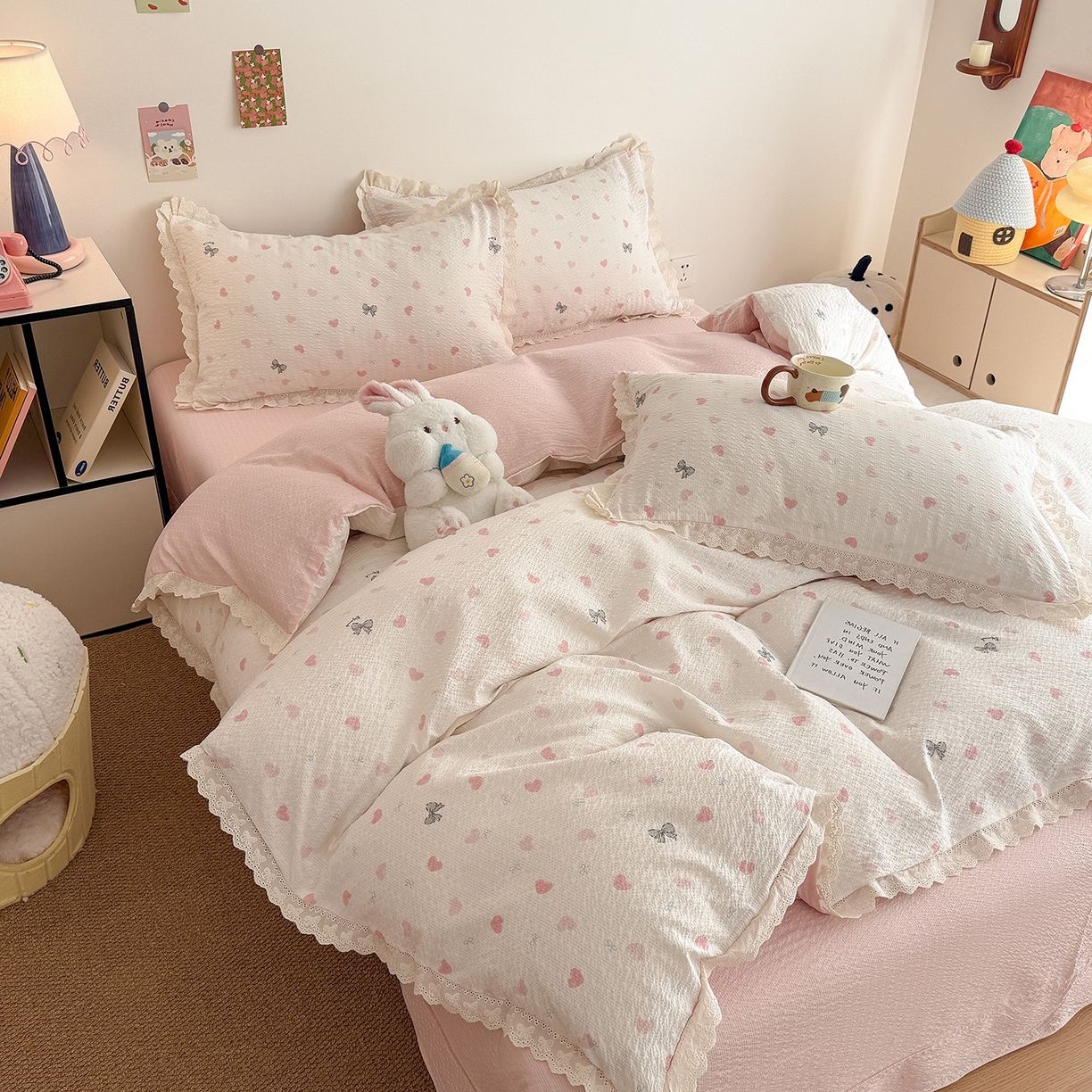 91家纺网 家纺一手货源 找家纺 吾欢心 2026春夏新款韩版纯棉花边泡芙双层纱四件套 粉粉甜心