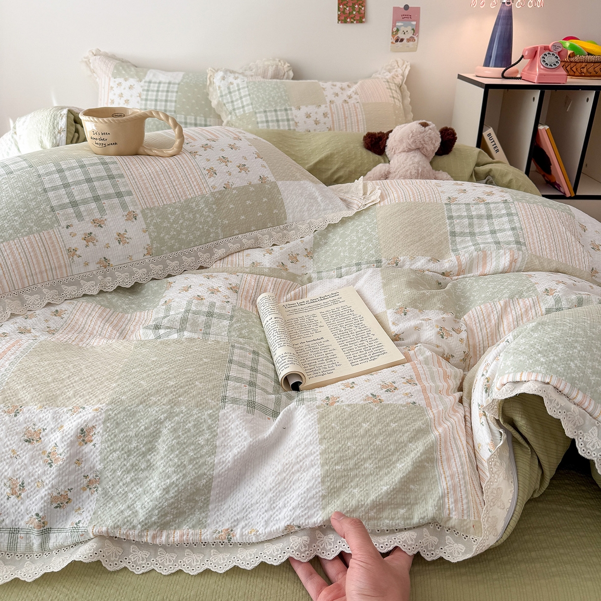 91家纺网 家纺一手货源 找家纺 吾欢心 2026春夏新款韩版纯棉花边泡芙双层纱四件套 春野