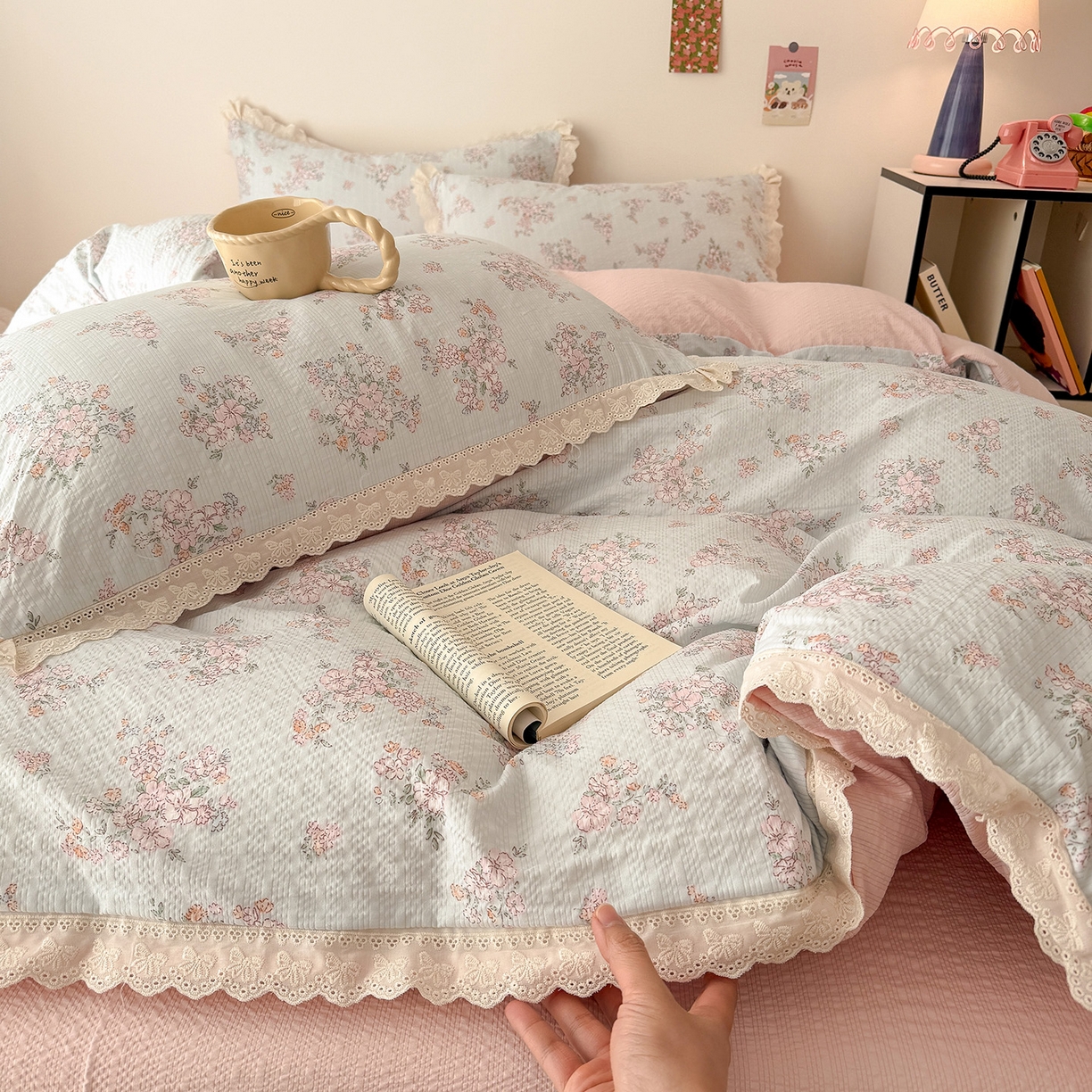 91家纺网 家纺一手货源 找家纺 吾欢心 2026春夏新款韩版纯棉花边泡芙双层纱四件套 岚韵花香