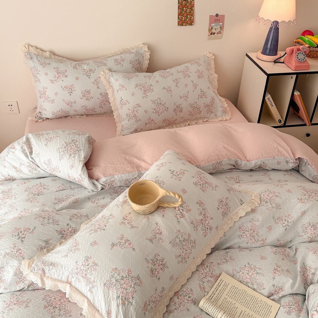 91家纺网 家纺一手货源 找家纺 吾欢心 2026春夏新款韩版纯棉花边泡芙双层纱四件套 岚韵花香