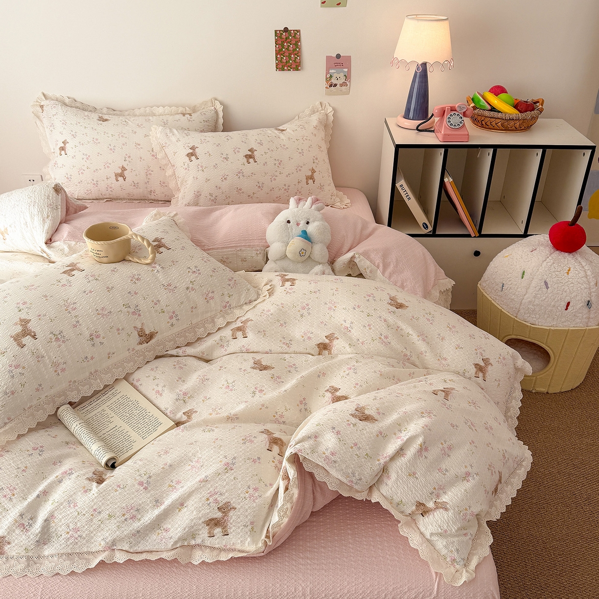 91家纺网 家纺一手货源 找家纺 吾欢心 2026春夏新款韩版纯棉花边泡芙双层纱四件套 遇见花开