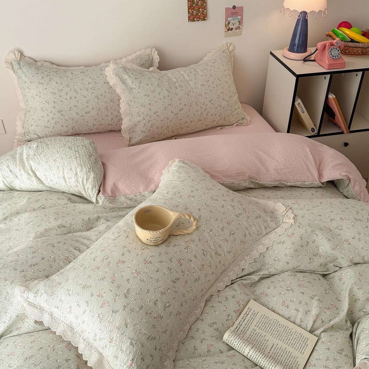 91家纺网 家纺一手货源 找家纺 吾欢心 2026春夏新款韩版纯棉花边泡芙双层纱四件套 茱莉叶