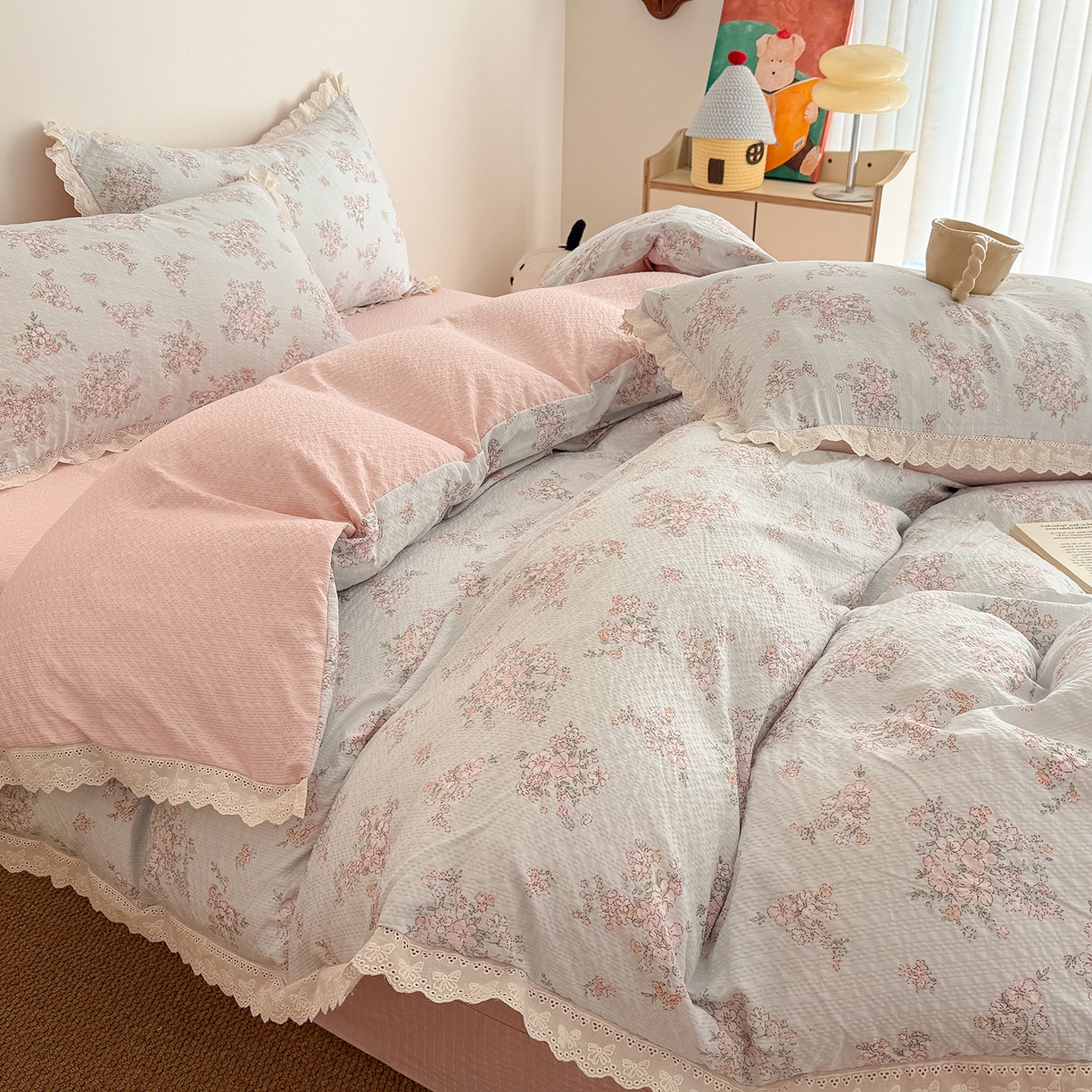 91家纺网 家纺一手货源 找家纺 吾欢心 2026春夏新款韩版纯棉花边泡芙双层纱四件套 岚韵花香