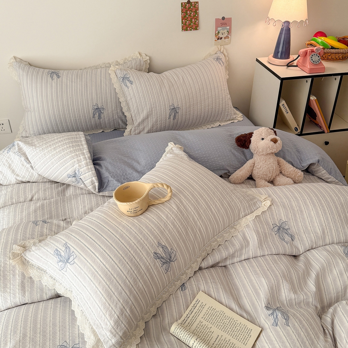 91家纺网 家纺一手货源 找家纺 吾欢心 2026春夏新款韩版纯棉花边泡芙双层纱四件套 甜美蝴蝶结