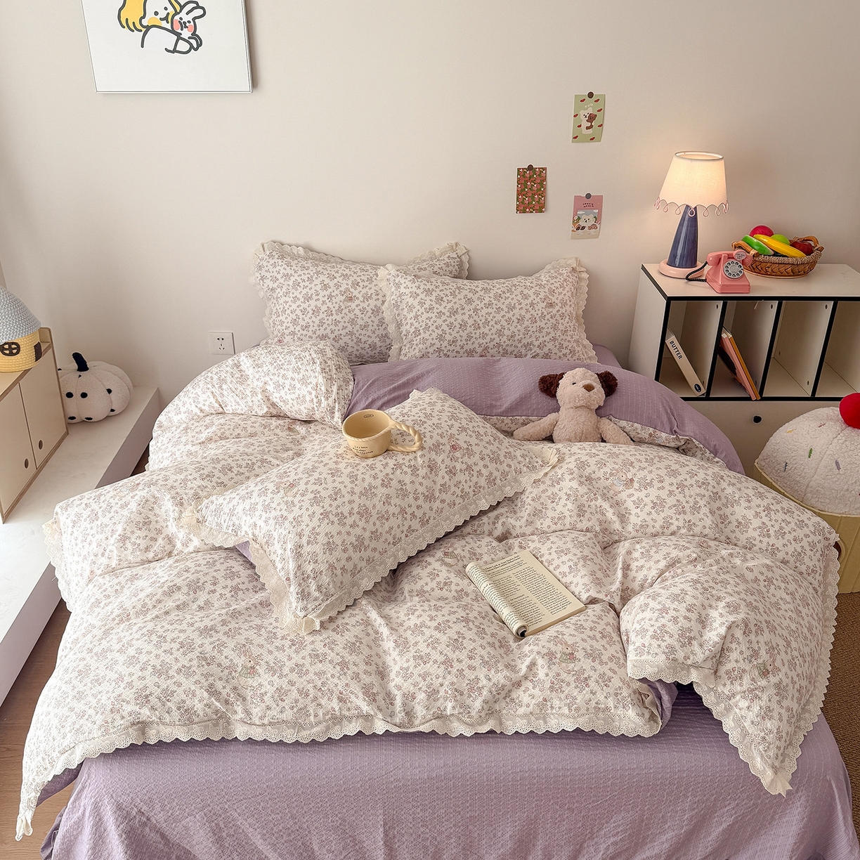 91家纺网 家纺一手货源 找家纺 吾欢心 2026春夏新款韩版纯棉花边泡芙双层纱四件套 花屿梦