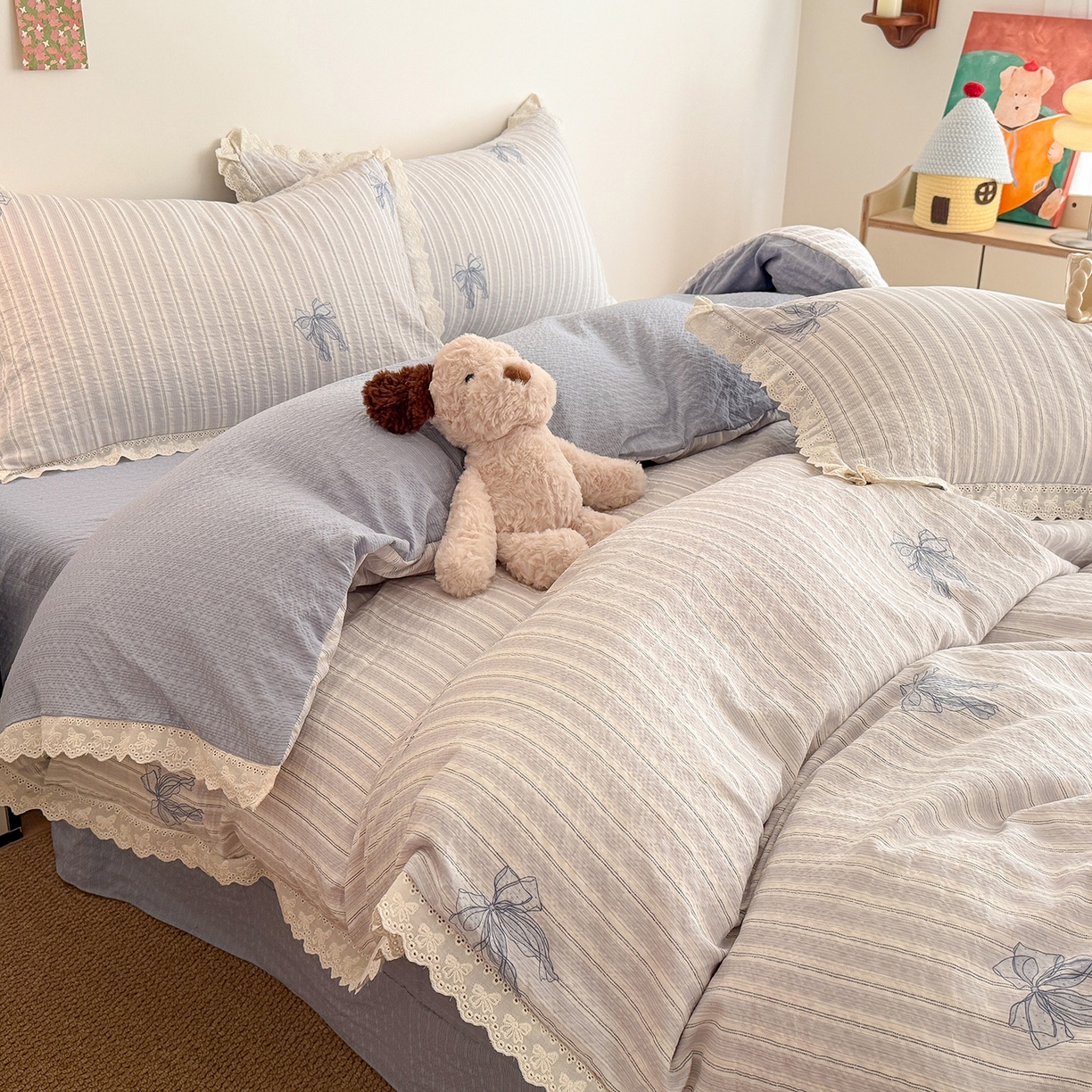 91家纺网 家纺一手货源 找家纺 吾欢心 2026春夏新款韩版纯棉花边泡芙双层纱四件套 甜美蝴蝶结