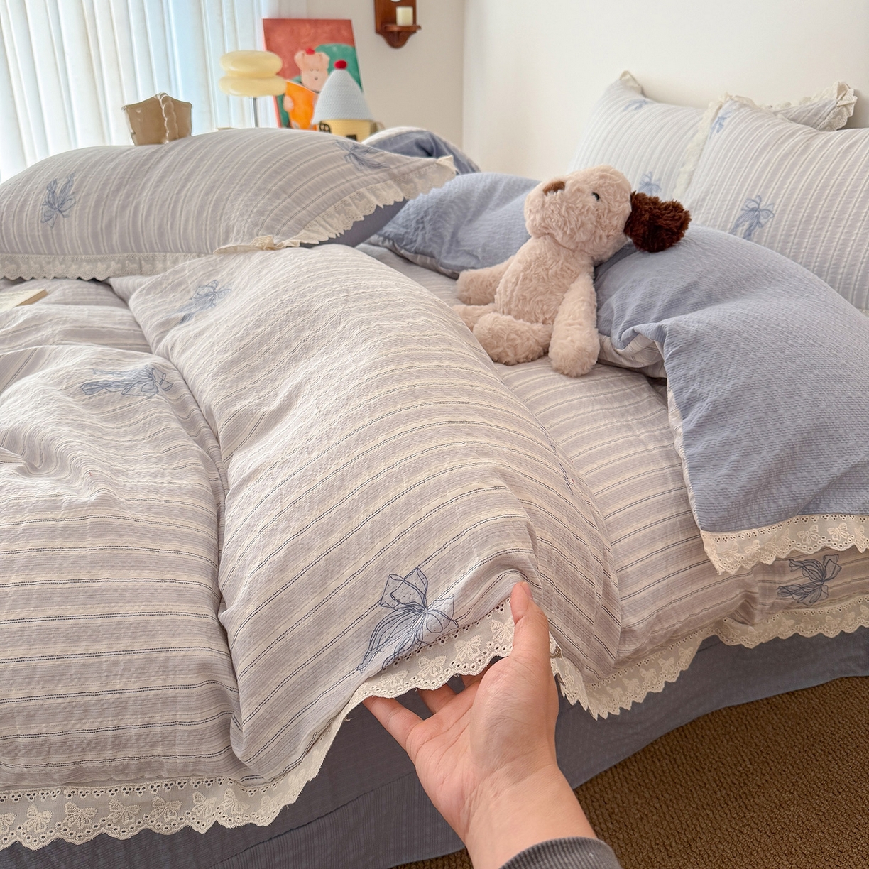 吾欢心 2026春夏新款韩版纯棉花边泡芙双层纱四件套 甜美蝴蝶结