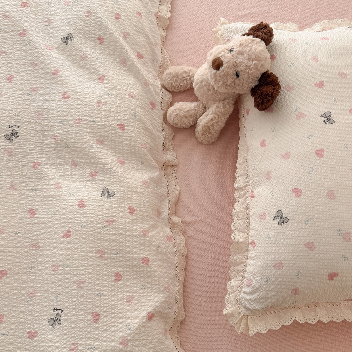 91家纺网 家纺一手货源 找家纺 吾欢心 2026春夏新款韩版纯棉花边泡芙双层纱四件套 粉粉甜心