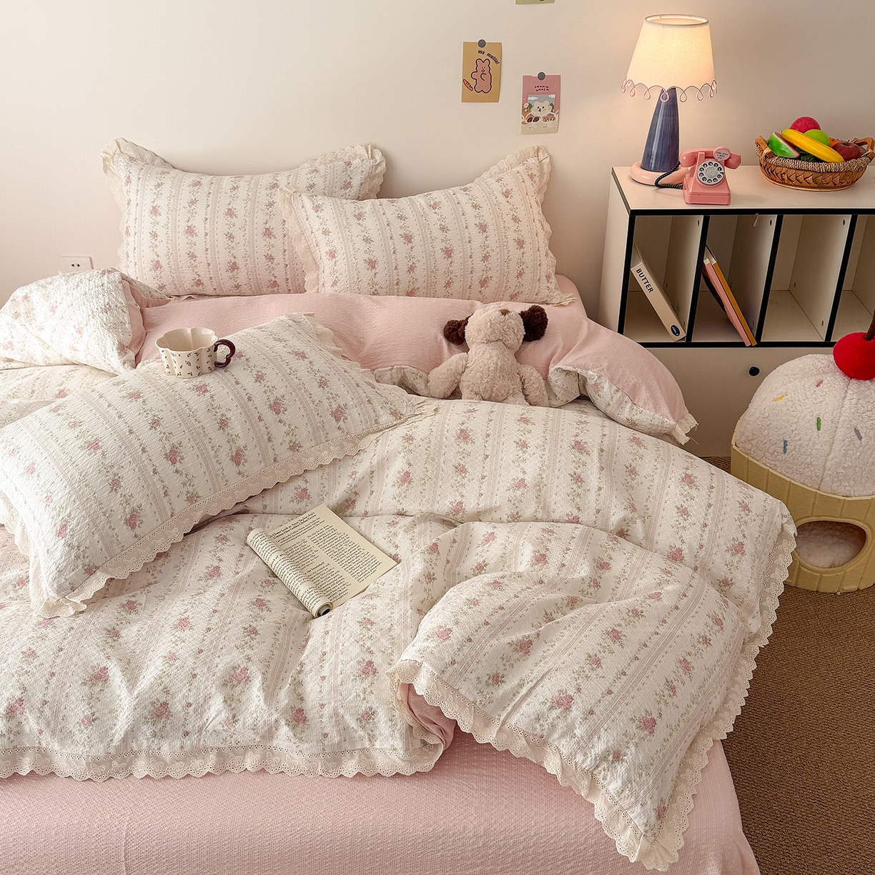 91家纺网 家纺一手货源 找家纺 吾欢心 2026春夏新款韩版纯棉花边泡芙双层纱四件套 芳华