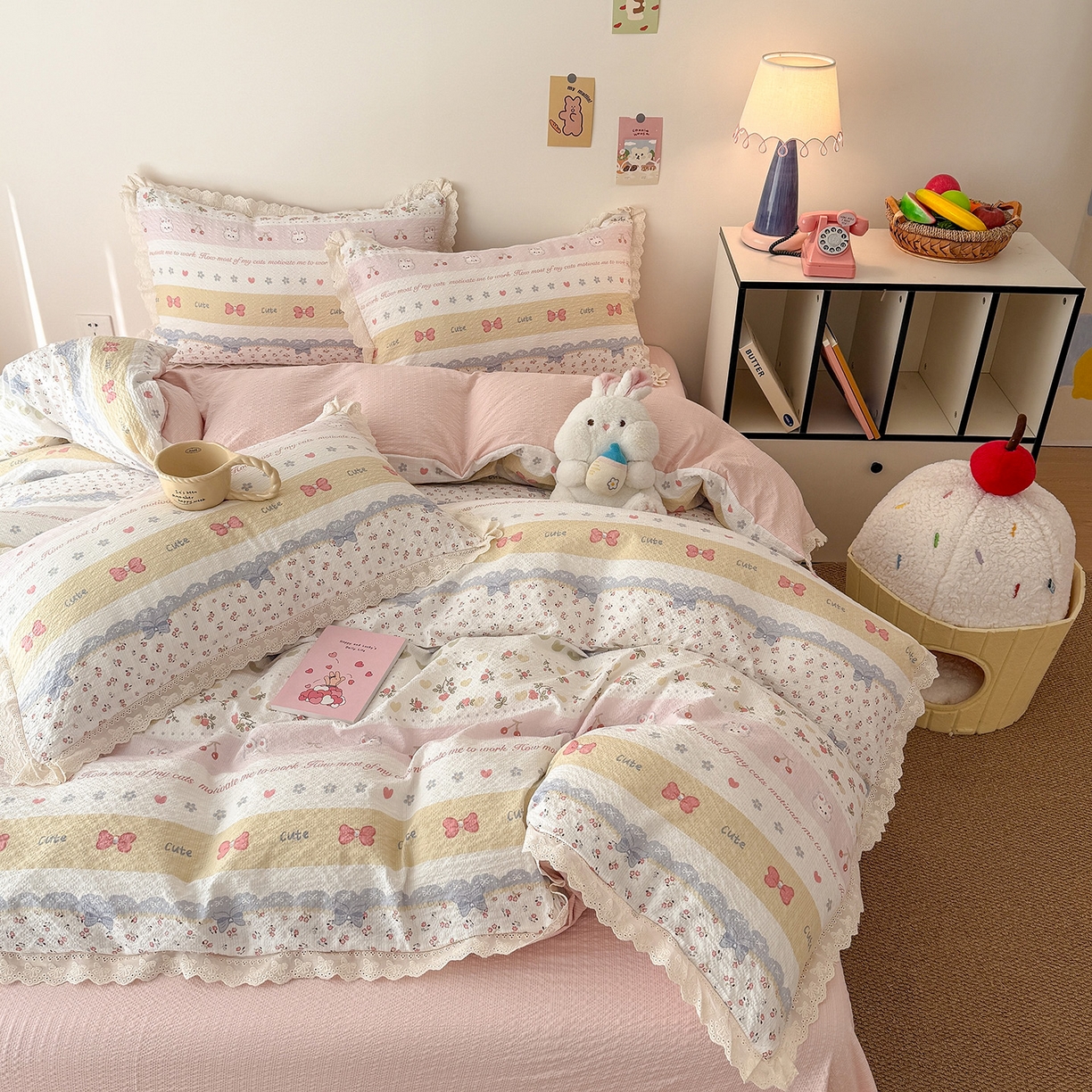 91家纺网 家纺一手货源 找家纺 吾欢心 2026春夏新款韩版纯棉花边泡芙双层纱四件套 费尔岛小兔