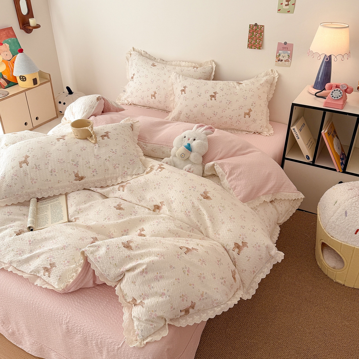 91家纺网 家纺一手货源 找家纺 吾欢心 2026春夏新款韩版纯棉花边泡芙双层纱四件套 遇见花开