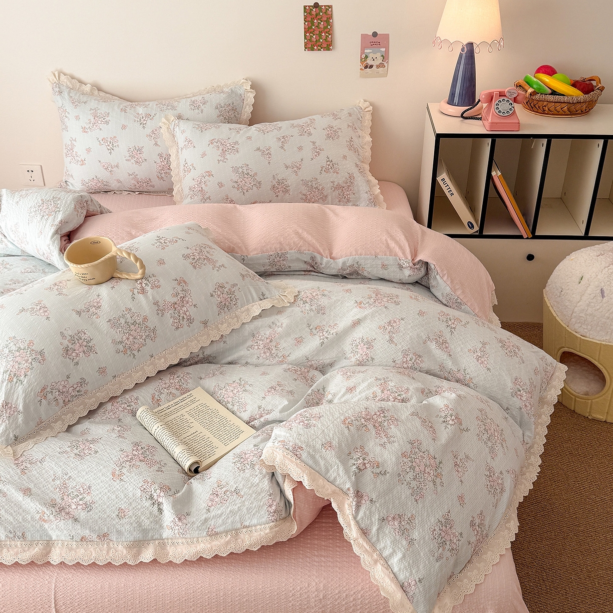 91家纺网 家纺一手货源 找家纺 吾欢心 2026春夏新款韩版纯棉花边泡芙双层纱四件套 岚韵花香