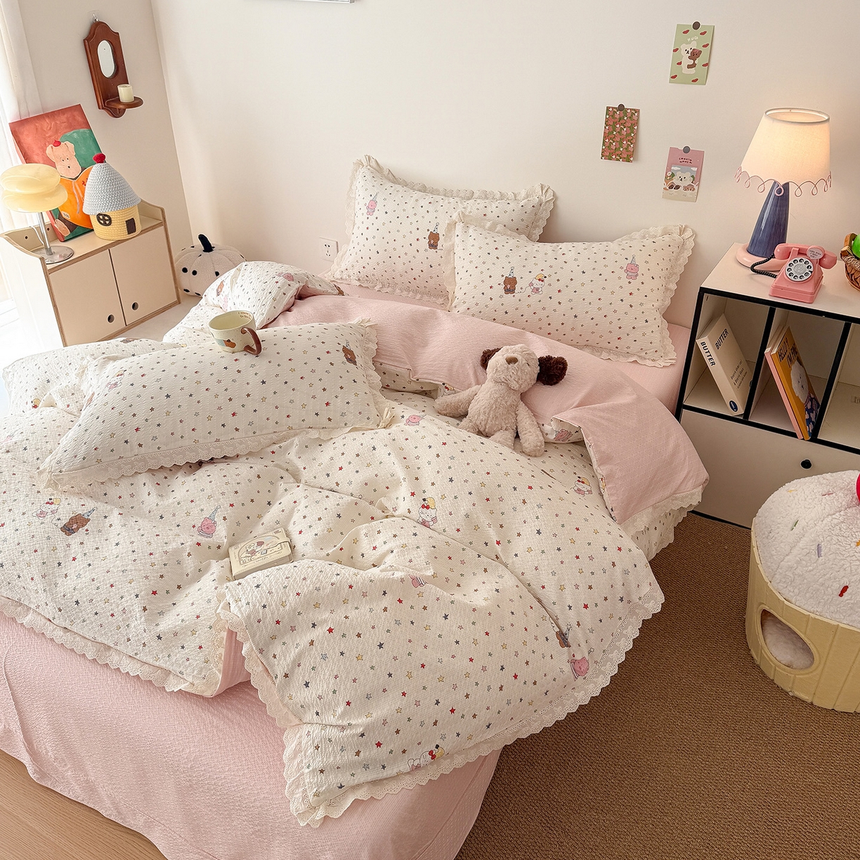 91家纺网 家纺一手货源 找家纺 吾欢心 2026春夏新款韩版纯棉花边泡芙双层纱四件套 喵星人