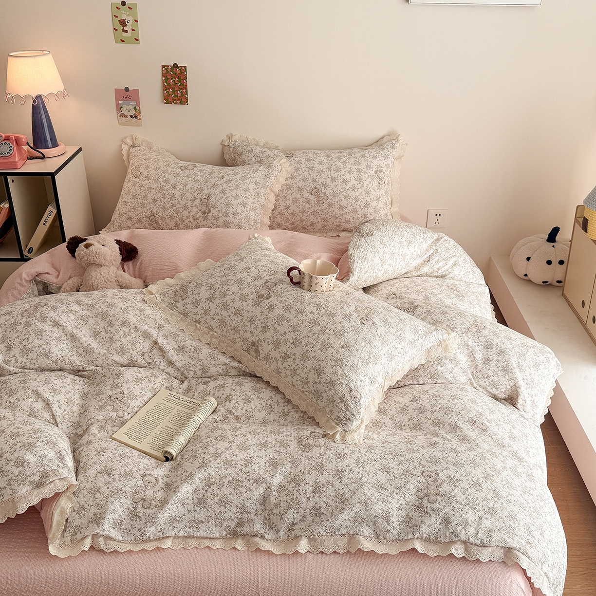 91家纺网 家纺一手货源 找家纺 吾欢心 2026春夏新款韩版纯棉花边泡芙双层纱四件套 白茶茉莉