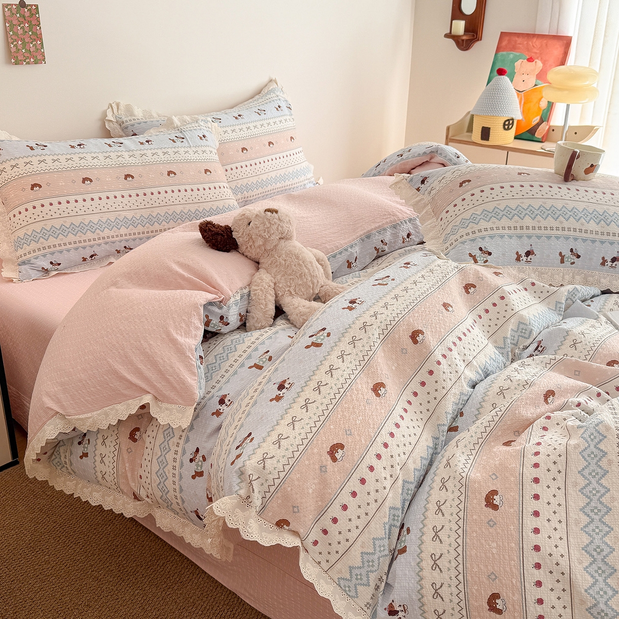 吾欢心 2026春夏新款韩版纯棉花边泡芙双层纱四件套 费尔岛小狗