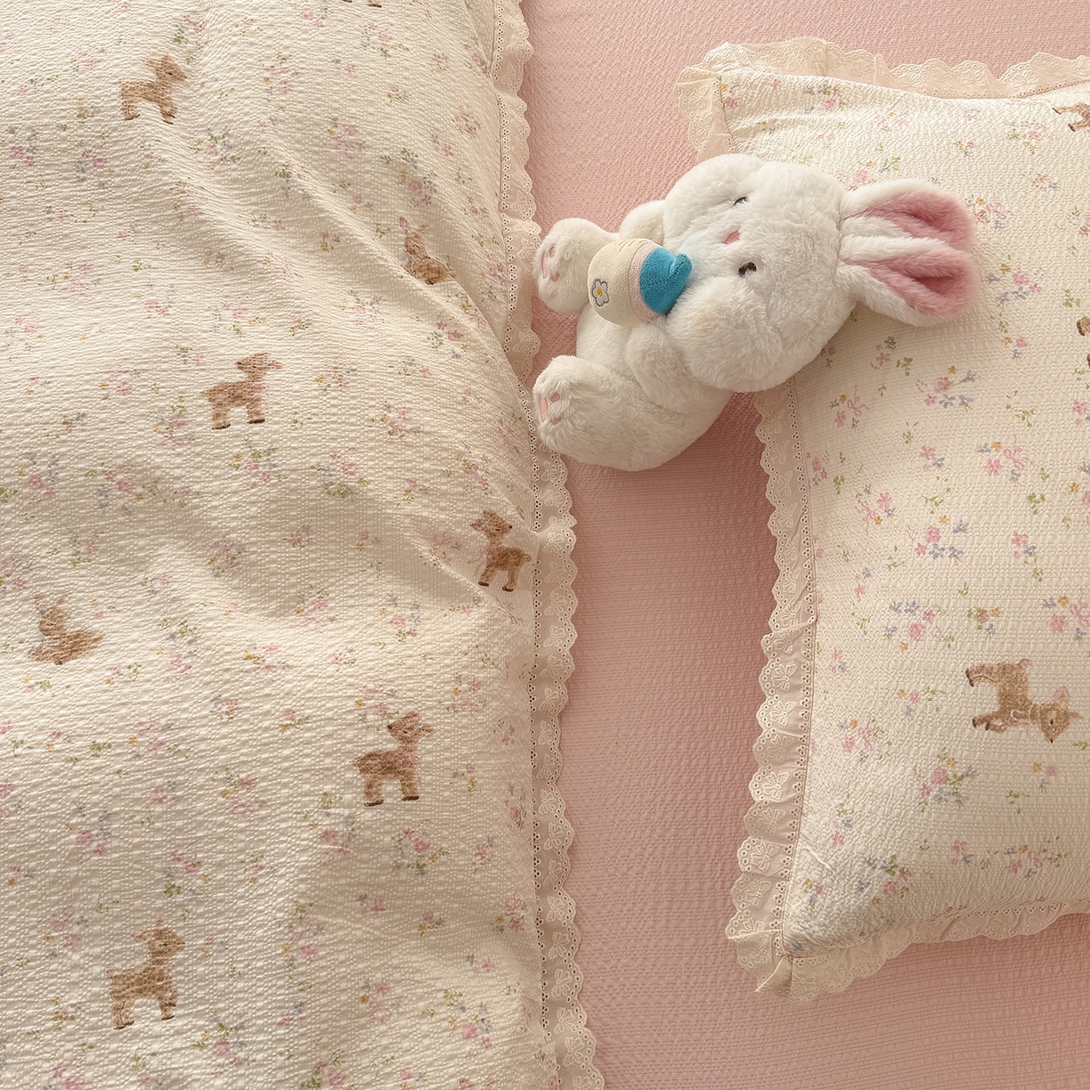 91家纺网 家纺一手货源 找家纺 吾欢心 2026春夏新款韩版纯棉花边泡芙双层纱四件套 遇见花开